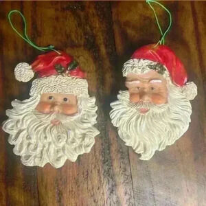 Santa Claus 4” Head Double Sided Christmas Ornament Vintage EUC Lot of 2